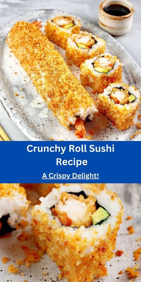 Experience A Crispy Delight with our Crunchy Roll Sushi Recipe! This California-style sushi is not only super tasty but also the best option for a homemade sushi night. Follow our easy steps to create this delicious treat at home. Impress your friends and family with the best sushi you've ever made. Dive into this super satisfying and delicious recipe now!  #CrunchyRoll #SushiRecipe #CrispyDelight #CaliforniaRoll #BestSushi #HomemadeSushi #EasySushi #DeliciousFood Specialty Sushi Roll Recipes, How To Make Cooked Sushi, Sushi Recipes With Crab, Crunch Roll Sushi Recipe, Crunchy Roll Sushi, Crunch Roll Sushi, Cooked Sushi, Sushi Diy, Cooked Sushi Recipes