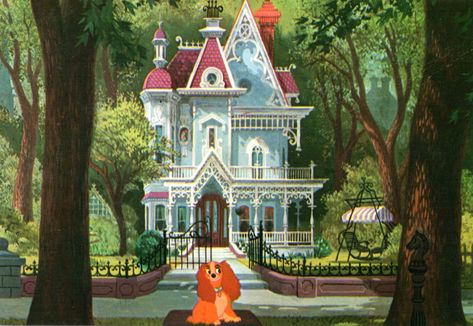 Lady in front of her house from Walt Disney’s “Lady and the Tramp” (1955). Planet Photo, 동화 삽화, Disney Background, Disney Concept Art, Disney Favorites, Old Disney, Disney S, Disney Home, Lady And The Tramp