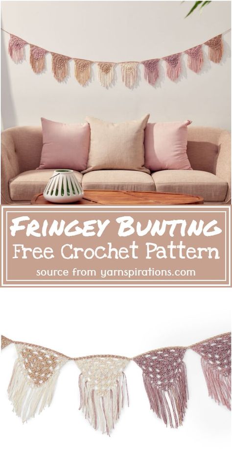 Fringey Bunting Crochet Pattern Crochet Outdoor Decor, Crochet Buntings, Crochet Bunting Free Pattern, Crochet Decor Ideas, Crochet Banner, Woodland Crochet, Crochet Bunting Pattern, Boho Bunting, Bunting Crochet