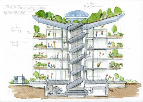 Sustainable Architecture Design, Green Building Design, Interior Design Sketchbook, Architecture Design Presentation, Building Sketch, Vertical Farming, Concept Models Architecture, House Sketch, Building Drawing