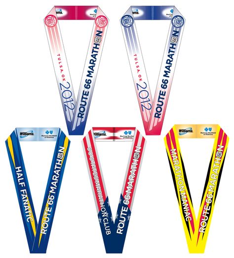 The 2012 Williams Route 66 Ribbons: Marathon, Half Marathon, Half Fanatic, 50 Staters and Marathon Maniac custom ribbons Medal Design, Chip Packaging, Marathon Medal, Award Design, Race Medal, Medal Ribbon, Graphic Design Tutorials Learning, Trophy Design, Id Card Template