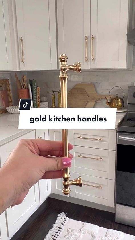 will forever recommend this gold brushed kitchen cabinet hardware #ki... | Kitchen Design | 75.6K Views | TikTok Gold Kitchen Hardware Silver Appliances, Brass And Stainless Steel Kitchen, Gold Hardware In Kitchen, Stainless Appliances With Gold Hardware, Gold Appliances Kitchen, Gold Hardware Stainless Appliances, Kitchen Gold Hardware, Silver Cabinet Hardware, Gold Kitchen Hardware