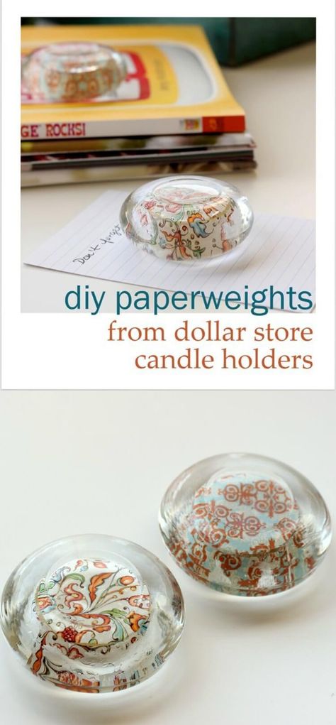 Create gorgeous, customizable DIY paperweights from dollar store glass candle holders! This easy project makes a great gift idea, and you can personalize. Paperweights Diy, Diy Paperweights, Diy Candle Gift, Dollar Store Candle Holder, Diy Jewelry Hanger, Rock Candle Holder, Dollar Store Candles, Paper Candle, Diy Candle Holders