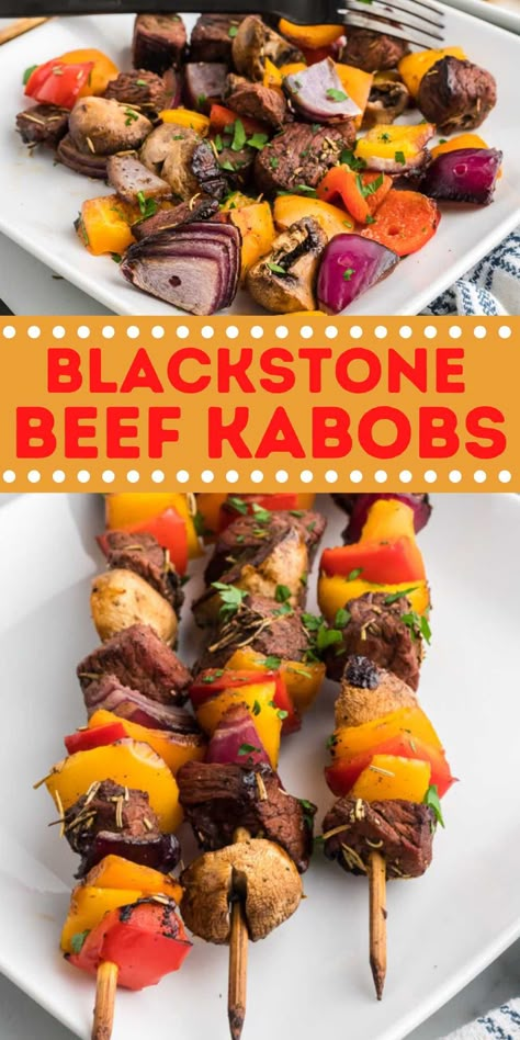 Blackstone Steak, Grilled Beef Kabobs, Outdoor Griddle Recipes, Beef Kabob Recipes, Griddle Cooking Recipes, Beef And Veggies, Steak Kebabs, Beef Kebabs, Outdoor Cooking Recipes