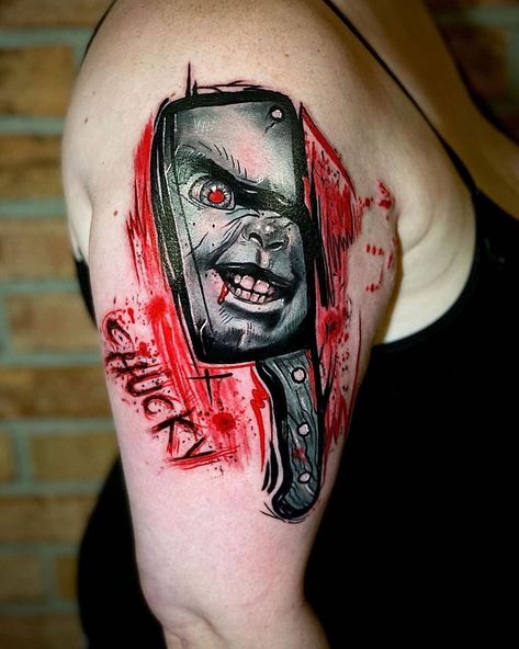 Chucky Tattoo Ideas, Tattoos Creepy, Chucky Drawing, Chucky Tattoo, Evil Clown Tattoos, Ambigram Tattoo, Horror Tattoos, Horror Movie Tattoos, Monster Tattoo