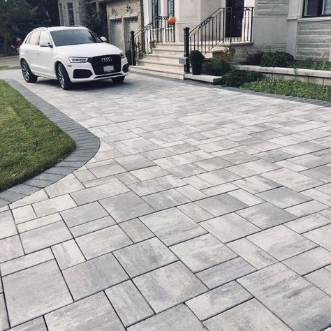 Brick Paver Driveway Ideas, Grey Paver Walkway, Driveways With Pavers, Sidewalk Design Ideas, Simple Driveway Ideas, Driveway Ideas Modern, Pavers Driveway Ideas, Parking Pad In Front Of House, Drive Ways Ideas