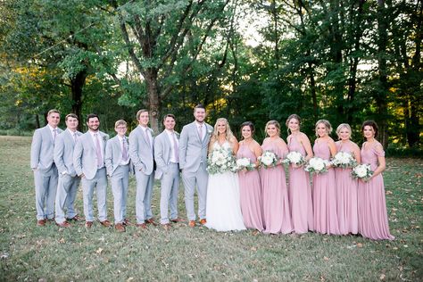 Dusty Rose Groomsmen Attire, Grey Groomsmen Attire, Grey Suit Pink Tie, Casual Groomsmen Attire, Honey Bee Photography, Bridesmaid Dresses Grey, Gray Wedding Party, Pink Groomsmen, Pale Pink Bridesmaid Dresses