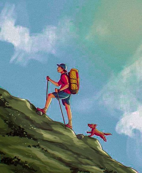 Travel hiking boy Quick Digital Art, Mountain Hiking Drawing, Hike Sketches, Trek Draw, Hike Drawings, Inktober Trek, Trek Illustrations, Trek Inktober, Hiking Drawing