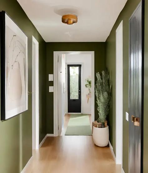 Dark olive green and white hallway Olive Green Hallway Ideas, Olive Green Hallway, Olive Hallway, Green Hallway Paint, Green Foyer, Mirror In Hallway, Hallway Paint Ideas, Hallway Stairs Ideas, Hallway Style