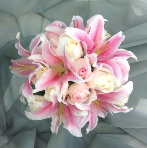 Stargazer Bridal Bouquet, Madonna Lily Bouquet, Lily Flower Centerpieces, Pink Roses And White Lilies Bouquet, Pink Orchid Wedding Bouquet, Lilies And Orchids Bouquet, Stargazer Wedding Bouquet, Bridal Bouquet Ideas Summer, Tropical Wedding Flowers Bride Bouquets