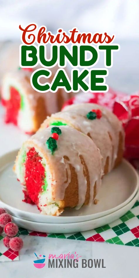 A perfect Christmas dessert idea! It's a sweet treat to make at home using a white cake mix. With swirls of red and green plus a simple glaze, this easy Christmas Bundt Cake is festive and delicious! Save this holiday baking recipe and enjoy this Christmas cake! Grinch Bundt Cake, Christmas Chocolate Bundt Cake, Bundt Cakes For Christmas, Easy Christmas Bundt Cakes, Festive Bundt Cake, Cake Mix Christmas Desserts, Christmas Bunt Cakes Ideas, White Christmas Cake Ideas, Individual Christmas Cakes