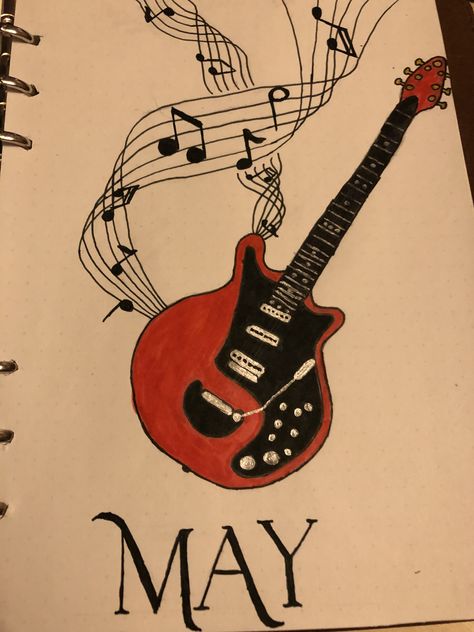 Monthly Cover for May with Brian Mays Red Special! #bulletjournal #monthlycover #RedSpecial #BrianMay #Queen #BohemianRhapsody #May Brian May Tattoo, Brian May Drawing, Queen Band Drawing, Queen Drawings Band, Queen Drawing Band, Queen Painting Band, Queen Band Sketch, Brian May Guitar, Brian May Red Special