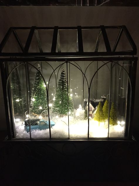 Greenhouse Terrarium Ideas, Winter Terrarium Ideas, Christmas Terrariums Winter Scenes, Repurpose Aquarium, Xmas Terrarium, Snow Terrarium, Winter Terrarium, Christmas Terrariums, Christmas Greenhouse