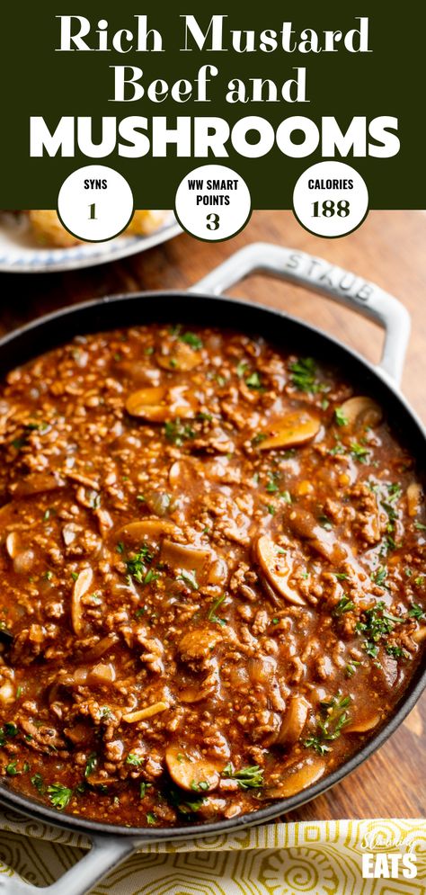 Low Syn Rich Mustard Beef with Mushrooms - the perfect meal for the whole family.#dairyfree #glutenfree #slimmingworld #weightwatchers #beef #paleo #whole30 #beef Whole30 Beef, Mince Dishes, Beef With Mushroom, Chestnut Mushrooms, Minced Beef Recipes, Italian Parsley, Minced Meat Recipe, Healthy Beef Recipes, Minced Beef