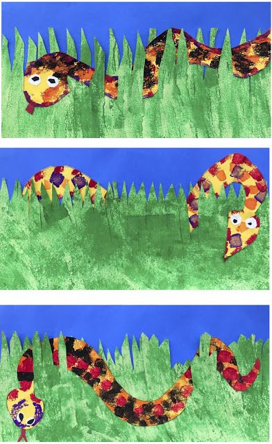 The Rolling Artroom: Snakes in the Grass (1-3 Grade) Jungle Art Projects, Reptiles Preschool, Snakes In The Grass, Snakes For Kids, Snake Crafts, Visual Art Lessons, Snake Painting, Snake In The Grass, Sponge Painting