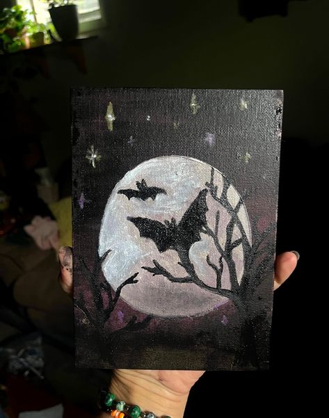 Small Witchy Paintings, Small Spooky Paintings, Bat Canvas Painting, Halloween Aesthetic Painting Ideas, Mini Spooky Paintings, How To Paint A Bat, Easy Witchy Paintings, Spooky Painting Ideas Easy, Spooky Canvas Painting Ideas Easy