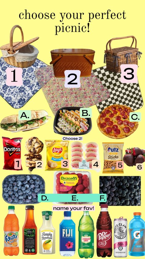 choose your perfect picnic! 🧺🥗🍣💐💫#nature #picnic #food #chooseyour #createyour #pickyour #aesthetic Picnic Food Ideas Aesthetic, Indoor Picnic Date, Picnic Nature, Black Cherry Soda, Nature Picnic, Picnic Date Food, Picnic Pictures, Date Food, Picnic Food Ideas