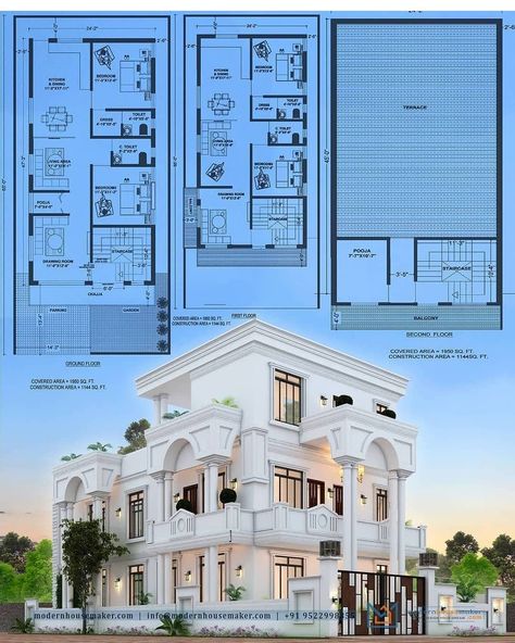 Villa Facade Design, 3d Elevation Design, Small Apartment Building Design, Housing Building, House Structure Design, Building Design Plan, 3d Maya, Two Story House Design, Modern House Floor Plans