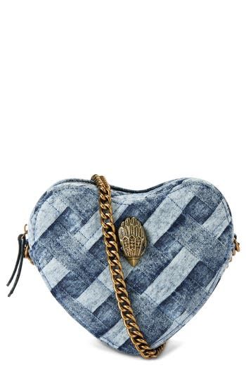 A signature crystal-encrusted eagle head embellishes the exterior of a heart-shaped denim bag fashioned with a chain crossbody strap. Top zip closure Chain crossbody strap Interior wall pocket Lined Textile Imported Kurt Geiger Bag, Heart Crossbody Bag, London Kensington, Leopard Bag, Denim Crossbody, Kensington London, Eagle Head, Jeans Bag, Pretty Bags