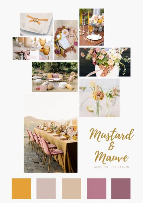 For those couples who are looking for a vibrant colour palette that falls a little outside of the traditional, Mauve & Mustard is the perfect combo for you! This colour palette is so easy to work with any wedding style – from boho to elegant this duo can do it all! Mustard Wedding Colors Colour Palettes, Yellow And Mauve Wedding, Mustard And Mauve Wedding, Wedding Pallettes Colors, Mustard Wedding Colors, Mauve And Mustard, June Wedding Colors, Brown Wedding Themes, Vibrant Colour Palette