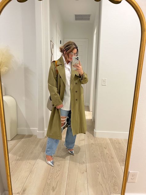 @shaynaslife Silver Zara Slingback Heels Outfit Idea #waystowear #slingbackheels #trenchcoatoutfit #zara #cutvy #midsizeoutfits Metallic Heels Outfit Silver Shoes, Pointed Slingback Heels Outfit, Slingback Heels Outfit Jeans, Jeans And Slingback Heels, Fall Heels 2023, Silver Slingback Heels Outfit, Silver Slingback Heels, Black Slingback Heels Outfit, Silver Chic Slingback Pumps For Spring