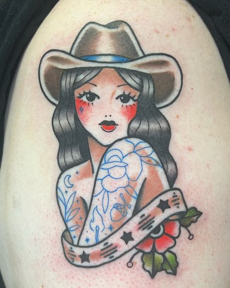 Couldnt wait to post this tattooed cowgirl I got to do today!! I loved this idea so much, and I love stepping out of my normal style!! #tattoo #tattooartist #atlantaartists #atlantaartist #kennesaw #kennesawtattoo #atlantatattooartist #gatattooers #momotattooco #besttattoos #besttattoosofinstagram #femaletattooartist #seladytattooers #femaletattooartistatlanta #traditionaltattoo #traditionalladyheadtattoo #traditional #tradtattoo #cowgirltattoo #customtattoo #cutetattoo Traditional Cowgirl Tattoo, Traditional Tattoo Cowgirl, Cowgirl Portrait Tattoo, Traditional Cowgirl Head Tattoo, Cowgirl Tattoos Traditional, Traditional Cowgirl Tattoo Flash, Neotraditional Cowgirl Tattoo, Cowgirl Tattoos, Atlanta Artist