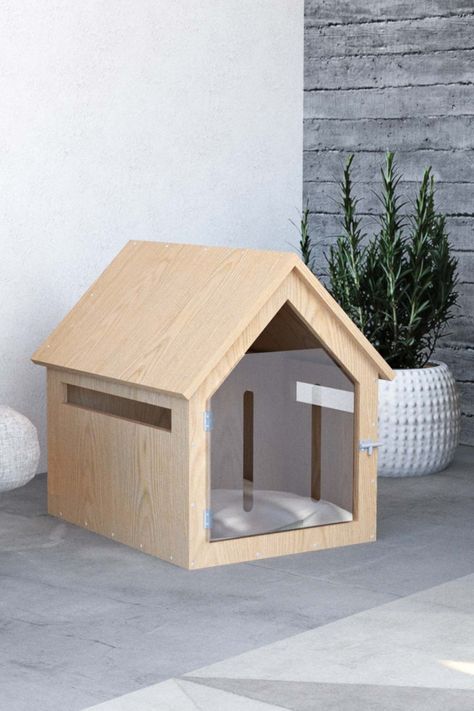 Diy Doghouse Indoor, Minimalist Dog House Indoor, Dog Indoor House, Doghouse Diy, Dog Bed Diy, Indoor Dog House Diy, Dog House Diy Plans, Wood Dog House, Wood Dog Bed