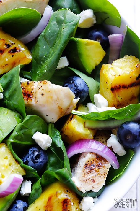 Grilled Pineapple, Chicken & Avocado Salad -- super simple to make, and full of the BEST flavors! | gimmesomeoven.com #salad #summer #healthy Blueberry Feta, Chicken Avocado Salad, Grilled Pineapple Chicken, Chicken And Avocado, Chicken Pineapple, Cheese Spinach, Fruit Displays, Pineapple Chicken, Grilled Pineapple