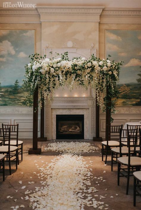 Fall Floral Arch Arrangements, Hanging Floral Ceremony Backdrop, Cascading Wedding Arch, Wedding Arch With Flowers On Top, Floral Greenery Wedding, Garden Wedding Chuppah, Wedding Arch With Wisteria, Wedding Arch Inspiration, Wisteria Chuppah