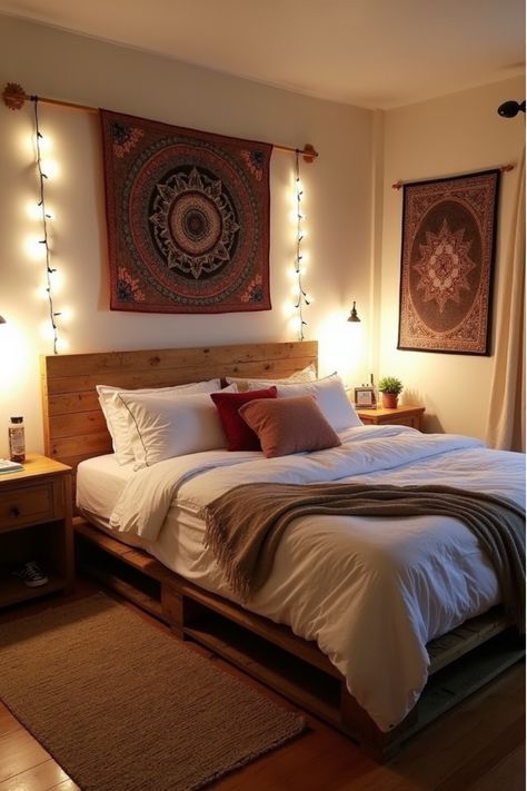 Bedroom with pallet platform bed, crate nightstands, and bohemian decor Boho Pallet Bed, Wooden Crate Bed, Bedroom Beds & Frames, Wooden Crates Bed, Apartment Bedroom Ideas For Couples, Crate Bed Frame, Pallet Bed Ideas, Crates For Storage, Stylish Apartment Decor