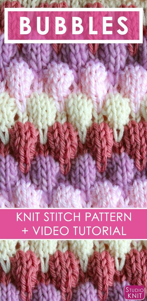 Bubble Knit Stitch Pattern with Easy Free Pattern + Knitting Video Tutorial by Studio Knit. Free Pattern Knitting, Types Of Knitting Stitches, Knitted Stitches, Bubble Stitch, Knitting Videos Tutorials, Studio Knit, Knitting Tutorials, Knitting Tips, Knitting Needles Sizes