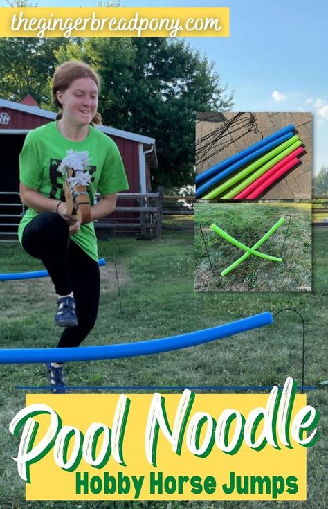 If you know a kid who rides horses, chances are pretty good that she loves jumping jumps.  No, we don't mean on a pony... we mean on foot! Horseless horse jumps are incredibly popular with young equestrians! Hobby horse jumps are often custom made and NOT cheap. Check out this dollar store version that we came up with! Use pool noodles and garden hooks to create your own hobby horse jumps that the kids will LOVE! #diy #horse #equestrian #thegingerbreadpony #hobbyhorse Hobby Horse Competition, Make A Stick Horse, Stick Horse Obstacle Course, Hobby Horse Competitions, Diy Stick Horse Easy, Hobby Horse Birthday Party, Horse Birthday Party Activities, Horse Jumps Diy Homemade, Hobby Horse Jumps Diy