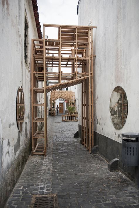 Gallery of Orizzontale Activates the Street with Wooden Intervention in the Azores Islands - 8 Wooden Scaffolding, Scaffolding Design, Temporary Architecture, Azores Islands, Urban Intervention, Temporary Structures, The Azores, Public Architecture, Timber Structure