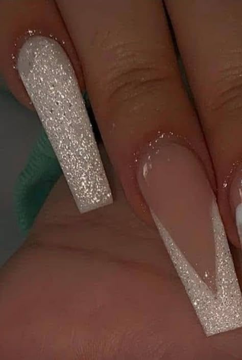 Glitter French Tips Acrylics Long, White Glittery Acrylic Nails, White Square Nails With Glitter, Glitter Nails Coffin, Sliver Nails Acrylic Long, White Glitter Nails Acrylic, Bridal Nails Ideas, White And Silver Nails Acrylic, White Sparkle Nails Acrylic