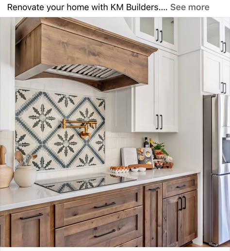 Hand Glazed Tile Backsplash, Modern Spanish Style Kitchen Backsplash, White Backsplash Wood Cabinets, Spanish Style Tile, Kitchen Mosaic, Patterned Tile Backsplash, Stove Backsplash, Mom Kitchen, Dream Kitchens Design