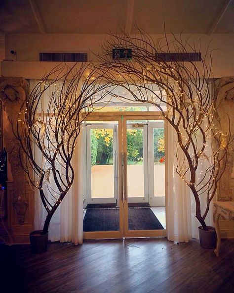 Light Up Branches Decor, Twig Archway Diy Branches, Diy Branch Archway, Diy Ballroom Decor, Winter Branches Decor, Christmas Arches Indoor, Beaded Archway, Holiday Archway Decor, Halloween Archway Entrance