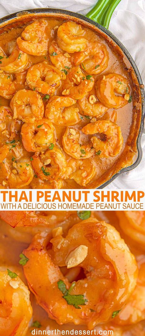 Thai Peanut Shrimp has all the complex Thai restaurant flavors with a homemade peanut sauce with honey, garlic, ginger and lime in just 20 minutes! #thaifood #thaidinner #thaishrimp #shrimp #peanuts #peanutshrimp #seafood #dinnerthendessert Thai Peanut Shrimp, Peanut Shrimp, Shrimp Restaurant, Homemade Peanut Sauce, Thai Peanut Chicken, Thai Peanut Sauce, Hot And Sour Soup, Thai Peanut, Thai Restaurant