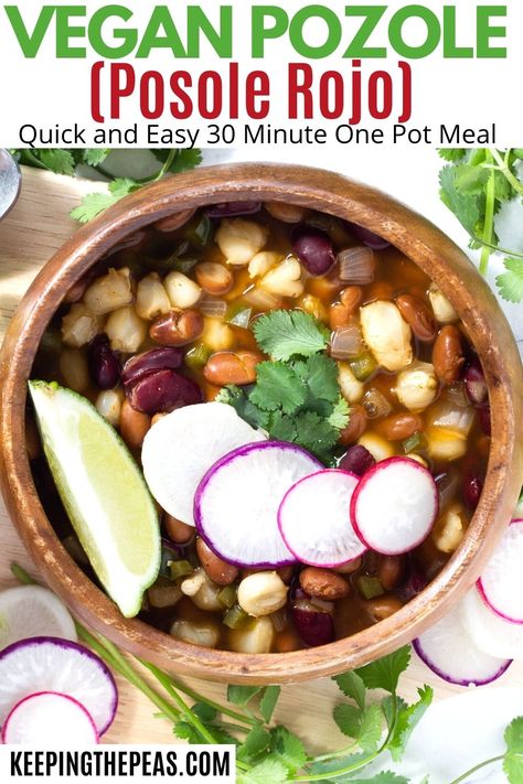 This simple vegan pozole recipe is a 30 minute weeknight dinner that is full of plant-protein, vitamins, and nutrients, while also being ultra tasty and comforting! Posole Rojo Recipe, Vegan Pozole Recipe, Vegan Pozole, Vegetarian Entree, Pozole Recipe, Vegetarian Entrees, Comfort Soup, Clean Vegan, Savory Soups