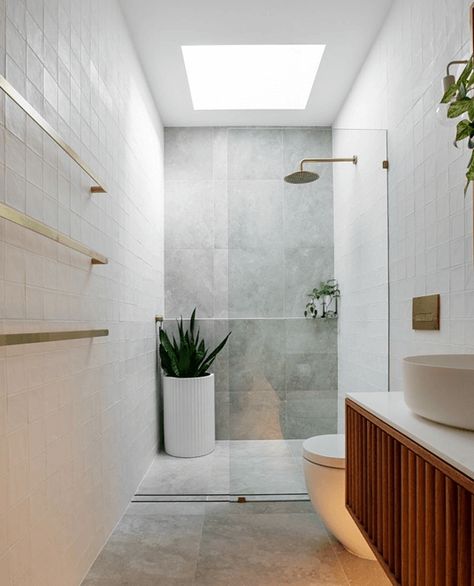 Bathroom En Suite Master Bedrooms, Bathroom With Skylight Natural Light, Small Bathroom Skylight Ideas, Ensuite With Skylight, Double Shower Ensuite Small Spaces, Bathroom With Sky Light, Walk In Shower Ensuite, Natural Small Bathroom Design, Walk In Ensuite