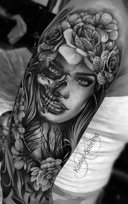 Half Woman Face Half Flower Tattoo, Black And Grey Women Sleeve Tattoo, Woman’s Face Tattoo Sleeve, Half Skull Half Female Face Tattoo, Tattoo Ideas Female Sleeve Skull, Tattoos With Skulls For Women, Medusa Half Sleeve Tattoos For Women, Womens Aztec Tattoo, Unique Realism Tattoos