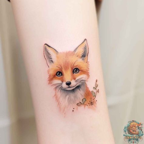 Fox Forest Tattoo, Baby Fox Tattoo, Cute Fox Tattoo, Small Fox Tattoo, Red Fox Tattoos, Watercolor Fox Tattoos, Robin Tattoo, Fox Tattoo Design, Floral Thigh Tattoos