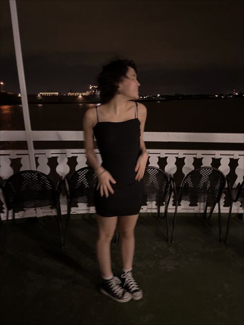 River Boat Aesthetic, Black Dress With Converse, Boat Aesthetic, Dress With Converse, Concert Fits, River Boat, Night Time, Black Denim, Denim Dress