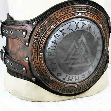 Steel plated barbarian war belt.  www.benchmarkleatherworks.com Barbarian Armor, Armor Belt, Curved Swords, Viking Belt, Hip Hop Costumes, Viking Armor, Costume Armour, Leather Bracers, Ancient Vikings