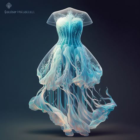 Jellyfish Dress Fashion, Ocean Fashion Design, Eco Fashion Show, Ocean Clothes, Jellyfish Core, Aquatic Fashion, Water Character, Sea Inspired Fashion, Jellyfish Mermaid