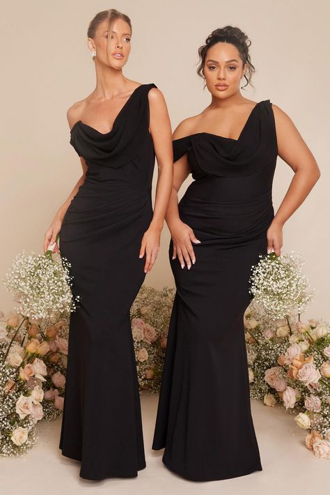 Black Asymmetric Cowl Neck Maxi Dress - Quiz Clothing Black Tie Bridesmaid Dresses, Black Tie Dress Code Women, Black Bridesmaid Dress Mismatched, Bridesmaid Dress Color Schemes, Black Tie Bridesmaids, Cowl Neck Maxi Dress, Wedding Party Outfits, Black Bridesmaids, Mismatched Bridesmaid Dresses