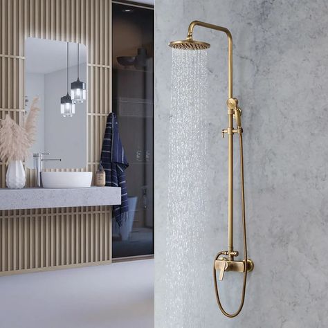 Antique Brass Exposed Wall Mount Shower Set with 200mm Rain Shower Head and Hand Shower Brass Shower Fixtures, Brass Shower Head, Gold Shower, Shower Fixtures, Brass Shower, Bath Faucet, Shower Hose, Rainfall Shower, Rain Shower Head