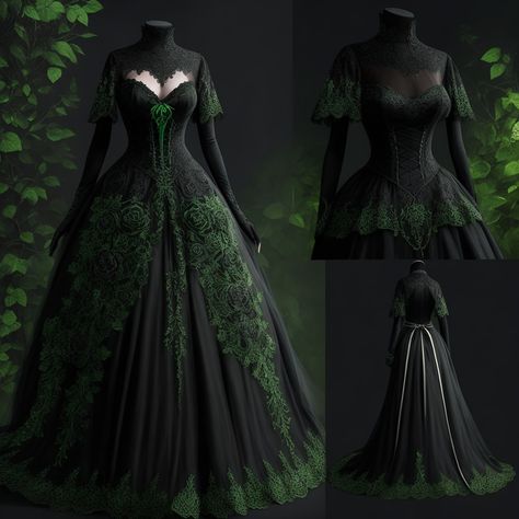 Emerald And Black Wedding Dress, Black And Green Fantasy Dress, Raven Wedding Dress, Gothic Royalty Aesthetic Dress, Dark Green Wedding Dress The Bride, Dark Green And Black Dress, Black Green Wedding Dress, Emerald Green And Black Wedding Dress, Black And Emerald Green Wedding Dress