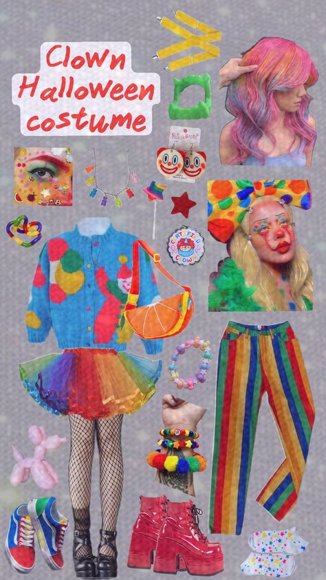 MAKING COSTUME INSPO ❤️💛🩵 #clowncore #clown #halloween #halloweencostume #outfit #inspo #clownaesthetic Weirdcore Halloween Costumes, Clown Costume Colorful, Crochet Clown Outfit, Pastel Clown Outfit, Neon Clown Costume, Chowder Costume, Cool Clown Costume, Cute Clown Costume Women, Simple Clown Costume