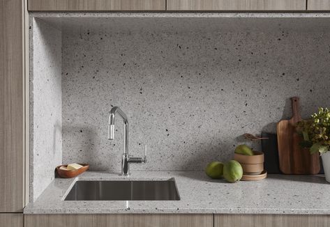 terrazzo counter top trends // #modern #kitchen #design #home #decor #trending #style #studiobstyle #studiobstylehome #create #diy #Remodel #minneapolis #wilsonart #minnesota #designer #interiordesign #interiorstyle #crafting #mod #designed // be sure to follow us on instagram @studiobstyle for more content Grey Terrazzo Kitchen Countertops, Grey Terrazzo Kitchen, Terazzo Kitchen Counter, Terrazzo Kitchen Countertops, Terrazzo Quartz, Wilsonart Quartz, Kitchen Quartz Counters, Large Terrazzo, Terrazzo Counter