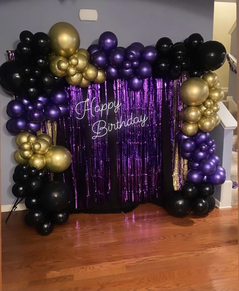 30th Birthday Ideas For Women Purple, Purple Black Party Theme, Black Purple Gold Party Decorations, Purple Black Party Decorations, Shades Of Purple Party Decorations, Dark Purple Birthday, Purple Black And Gold Birthday Theme, Dark Purple Birthday Decorations, Black Gold Purple Party Decor